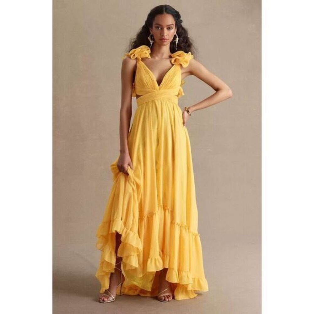 Mac Duggal Womens Chiffon Ruffle Sleeve V Neck A-Line Gown Marigold Size 10